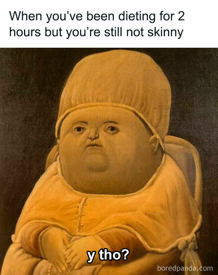 Silly meme featuring a classical art portrait with a humorous caption for classical art lovers.