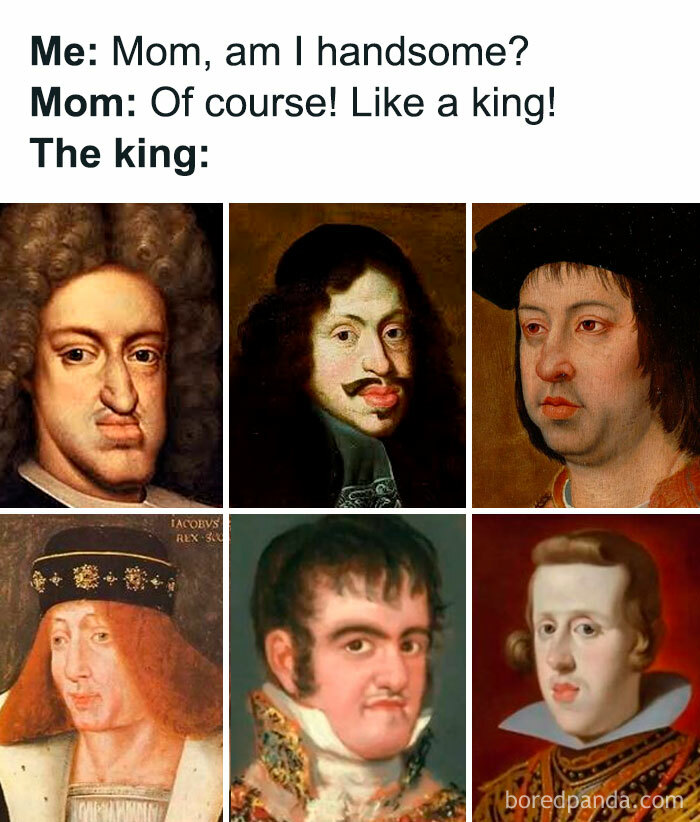 Six classical art portraits humorously altered to look silly and awkward, perfect for classical art lovers and meme fans.