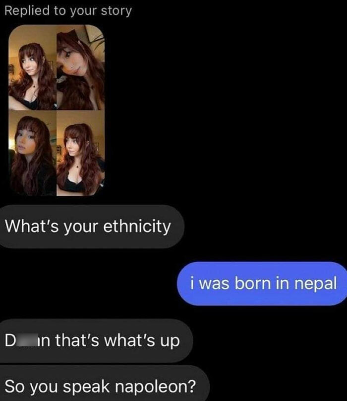Conversation screenshot with a confusion about ethnicity and language, illustrating moments when brains gave up on thinking.