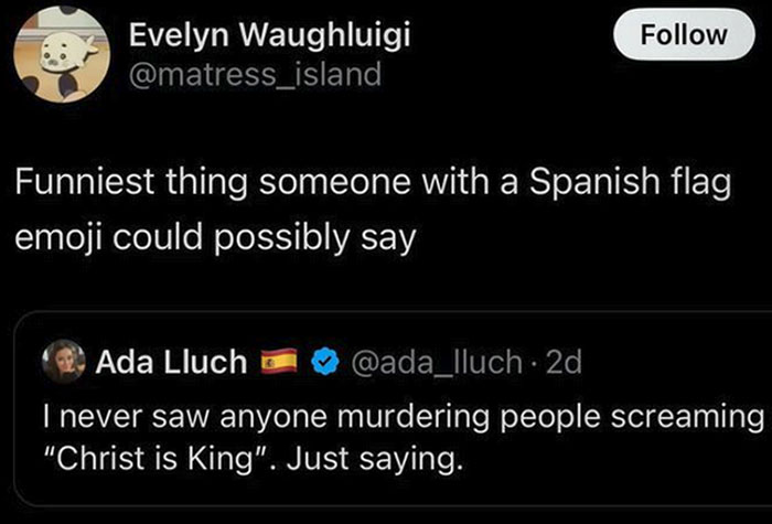 Screenshot of a Twitter exchange highlighting a humorous comment involving Spain and people's brains giving up on thinking.
