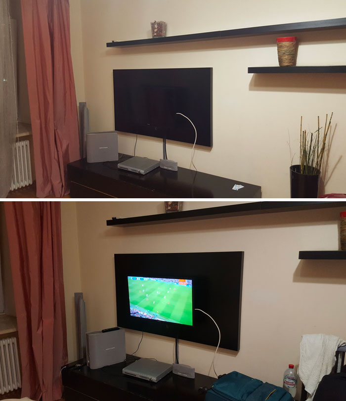 Living room with poorly designed TV placement showing dumb interior design decisions and lack of common sense in decor.