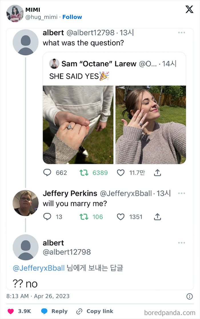 Screenshot of a Twitter exchange showing a humorous failed marriage proposal, illustrating moments when brains gave up thinking.