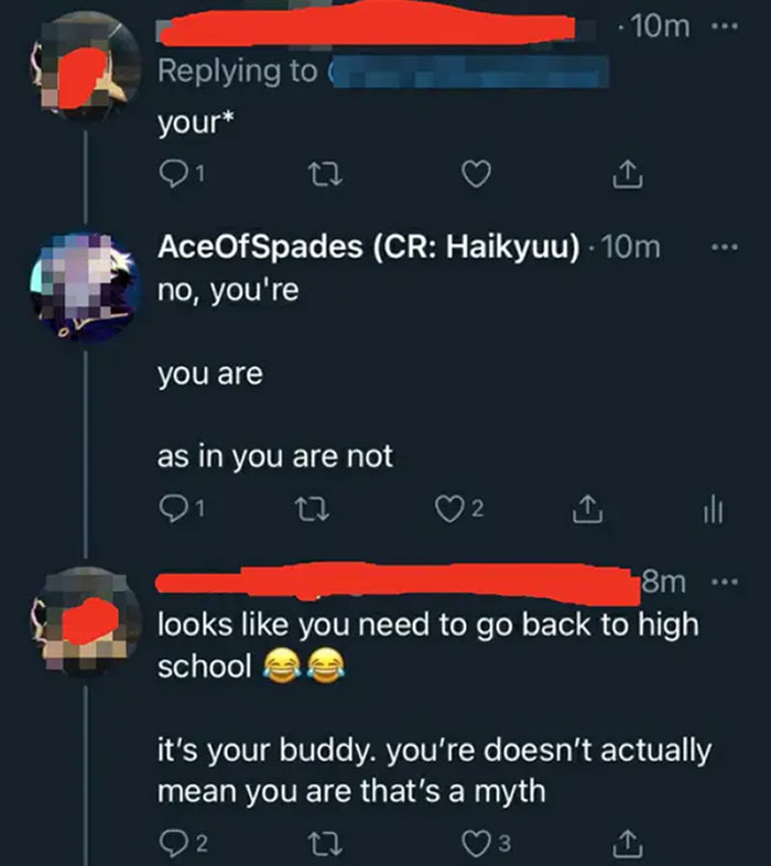 Screenshot of a social media conversation showing confusion and debate about grammar and language misconceptions.