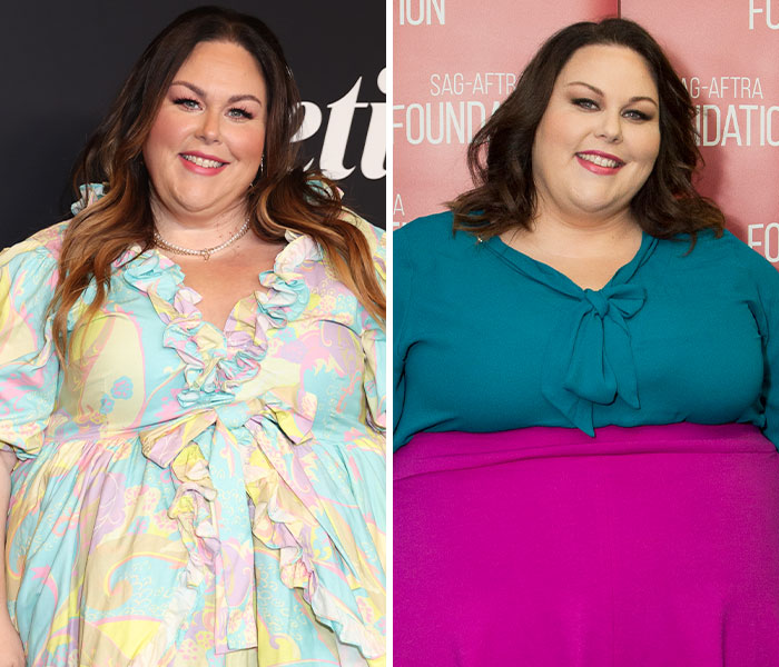 Chrissy Metz showing off slimmed-down look after revealing secrets to 100lbs weight loss in colorful outfits.