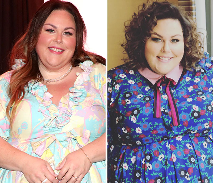 Chrissy Metz smiling in colorful dresses, showcasing her weight loss transformation and slimmed-down look.