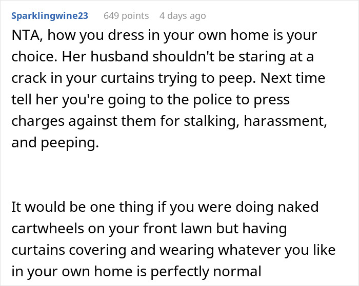 Alt text: Online comment about neighbor complaints regarding woman's outfit and her husband staring at her in their home. Alt text: Online comment about neighbor complaints regarding woman's outfit and her husband staring at her in their home.