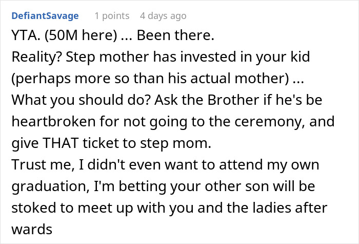 Comment discussing stepmom throws tantrum after teenager invites his mom instead of her to graduation, highlighting family tension and advice.