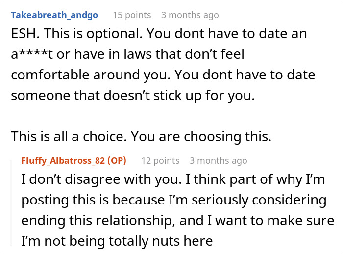 Reddit conversation showing a woman considering ending her relationship after being excluded from BF’s gluten-free family vacation. Reddit conversation showing a woman considering ending her relationship after being excluded from BF’s gluten-free family vacation.