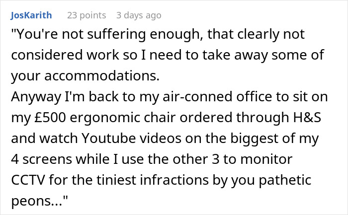 Comment expressing frustration from airport employees united against manager removing their chairs in the workplace.