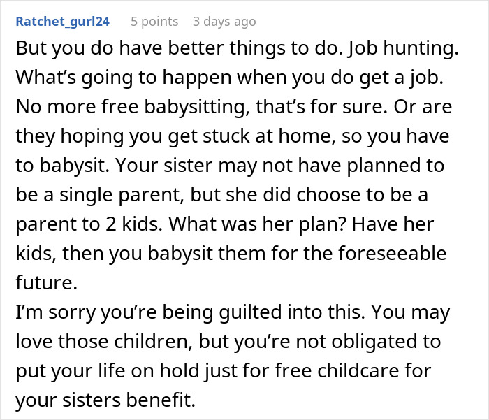 Comment discussing the challenges and criticism of asking to be paid for babysitting niece and nephew.