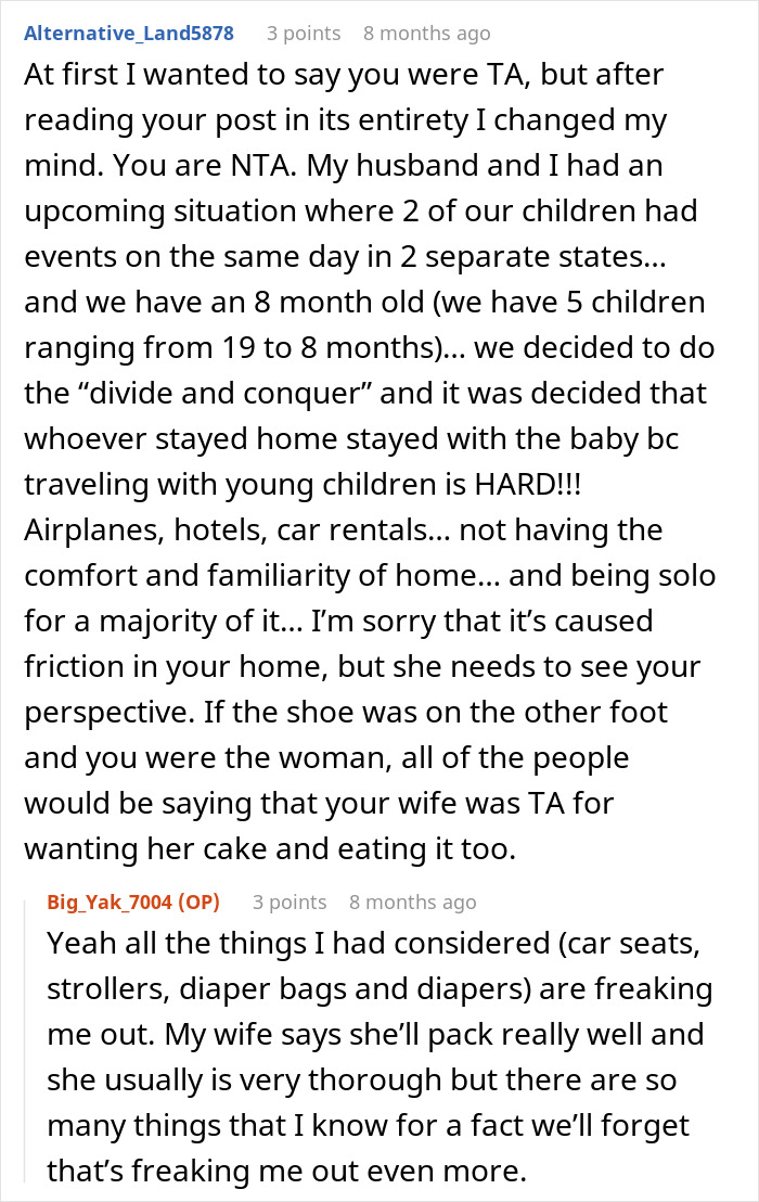 Screenshot of a Reddit discussion where a dad wonders if he&rsquo;s a jerk for not wanting to join wife&rsquo;s work trip with kids.