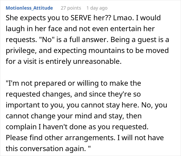 Highly sensitive SIL refuses unreasonable high demands, highlighting conflict and boundaries during family visit discussions. Highly sensitive SIL refuses unreasonable high demands, highlighting conflict and boundaries during family visit discussions.