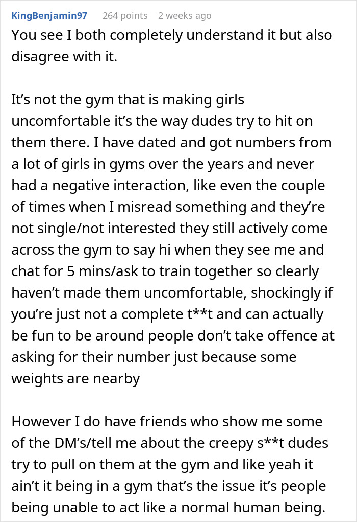 Commenter discussing gym flirting and why women feel uncomfortable due to how men approach them at gyms.