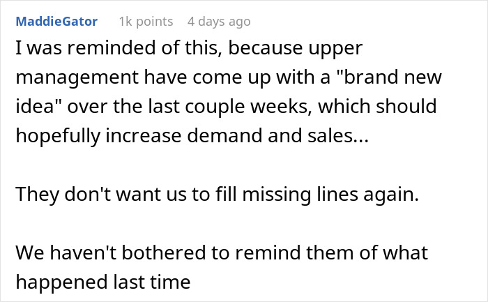 Screenshot of a social media post discussing management instructing staff not to fill empty shelves affecting sales.