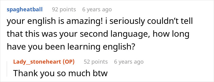 Screenshot of an online comment praising English skills, with a reply expressing gratitude below the original comment. Screenshot of an online comment praising English skills, with a reply expressing gratitude below the original comment.