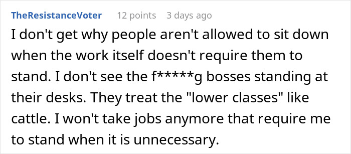 Comment expressing frustration about airport employees forced to stand after chairs were removed by manager.