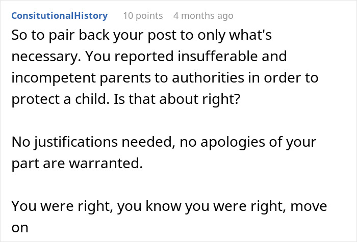 Comment text discussing reporting parents to authorities for starving their child, focusing on protecting the child and being justified.