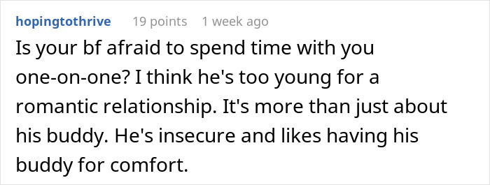 Screenshot of a Reddit comment discussing a guy who always brings his best friend on dates due to insecurity and comfort.