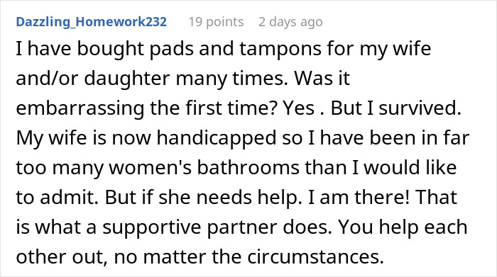 Comment discussing supporting partner who buys period pads and tissues despite initial embarrassment in a relationship context. Comment discussing supporting partner who buys period pads and tissues despite initial embarrassment in a relationship context.