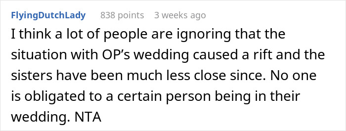 Reddit comment discussing a rift between sisters after maid of honor misses wedding due to losing dog.