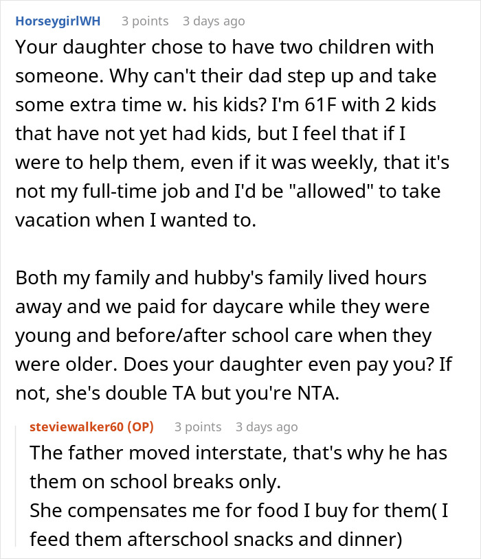 Text conversation discussing a woman shocked her mom booked a vacation and won&rsquo;t babysit her two kids.