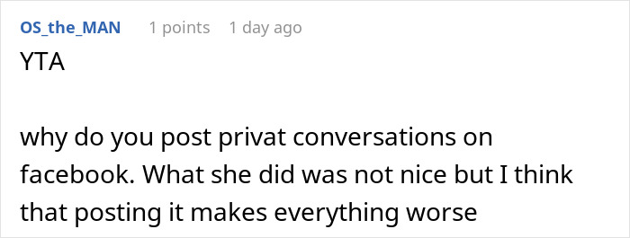 Screenshot of a Reddit comment discussing posting screenshots of SIL's texts online and making her look bad.