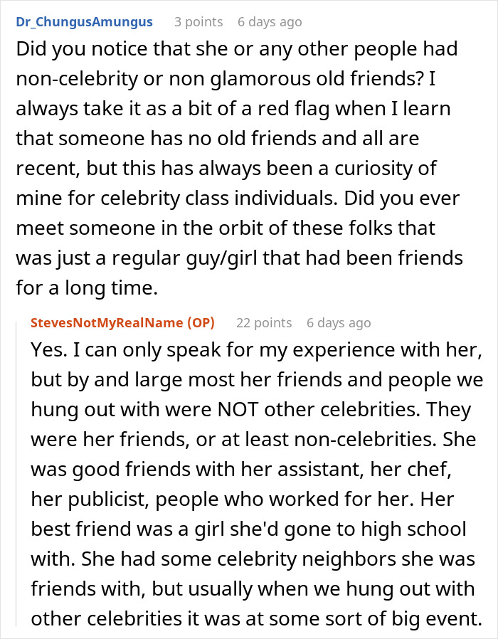 Commenters discuss the reality of dating a famous actress and the nature of her celebrity and non-celebrity friendships.