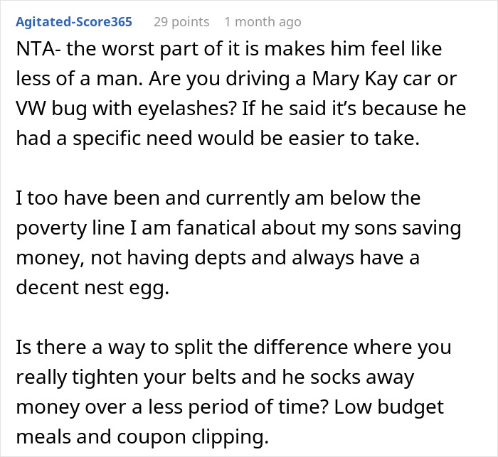 Commenter discussing advice on managing a husband&rsquo;s irresponsible manly purchase and financial responsibility tips.