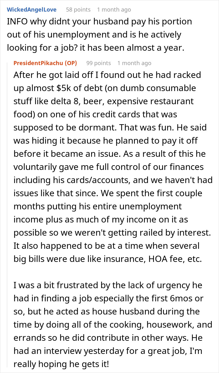 Reddit conversation about wife refusing to support husband&rsquo;s mom after job loss, family calling her selfish over finances.