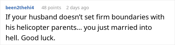 Comment about helicopter mom calling on honeymoon, highlighting lack of boundaries with helicopter parents.