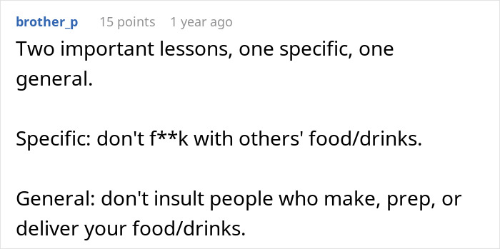 Comment on lesson about respect and not interfering with others' food or drinks, highlighting barista and decaf revenge.