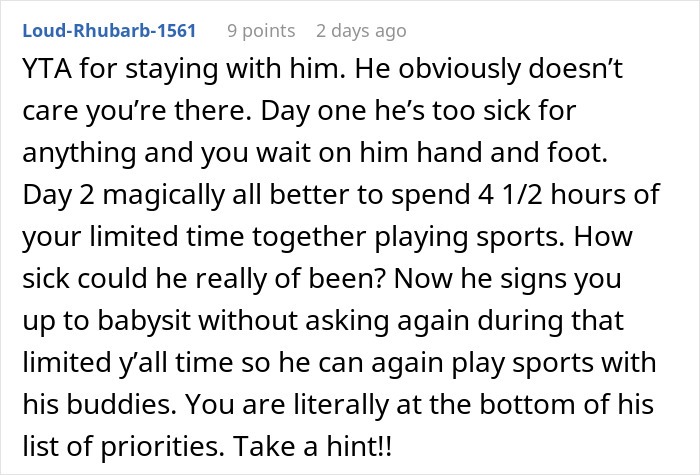 Comment discussing refusal to babysit boyfriend’s niece during vacation, highlighting relationship priorities and personal boundaries. Comment discussing refusal to babysit boyfriend’s niece during vacation, highlighting relationship priorities and personal boundaries.