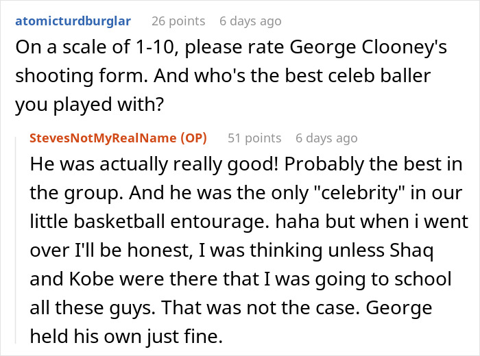 Screenshot of a Reddit discussion about playing basketball with a celebrity, sharing what it was really like dating a famous actress.