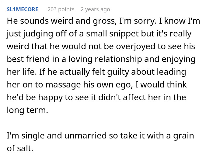 Text excerpt expressing judgment about a husband&rsquo;s jealousy and guilt for leading on a girl at their wedding.