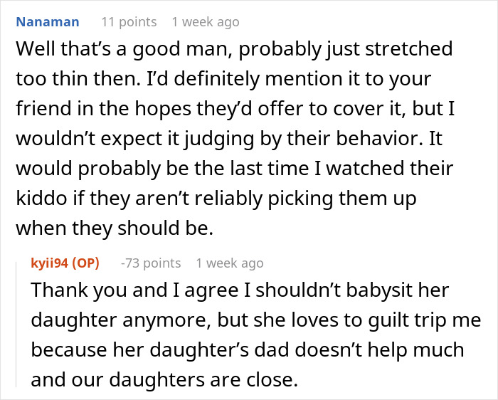 Reddit conversation about charging friend for daughter ruining furniture and the challenges of babysitting and trust issues.