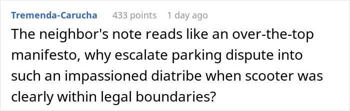 Screenshot of a forum comment discussing a resident's note on a guest’s scooter during a parking dispute in a neighborhood. Screenshot of a forum comment discussing a resident's note on a guest’s scooter during a parking dispute in a neighborhood.