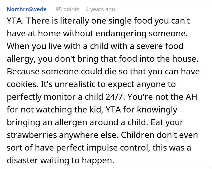 Screenshot of a Reddit comment discussing responsibility and safety regarding a roommate's son with a severe food allergy.