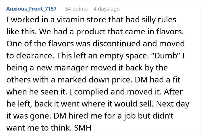 Alt text: Manager told staff not to fill empty shelves, leading to confusion about why products were not selling in the store.