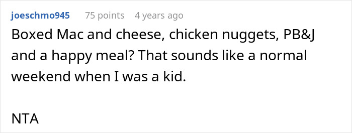 Screenshot of a forum comment discussing feeding nieces junk food like mac and cheese and chicken nuggets for several days.