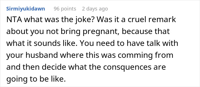 Screenshot of a Reddit comment discussing awkwardness after husband’s tasteless pregnancy stunt during birthday dinner. Screenshot of a Reddit comment discussing awkwardness after husband’s tasteless pregnancy stunt during birthday dinner.