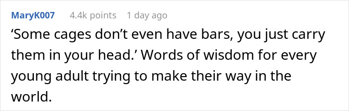 Screenshot of a Reddit comment about wisdom for young adults, related to a helicopter mom calling son's boss situation.