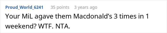 Comment about MIL feeding kids McDonald's multiple times in a weekend, highlighting concerns over fast food and childcare.