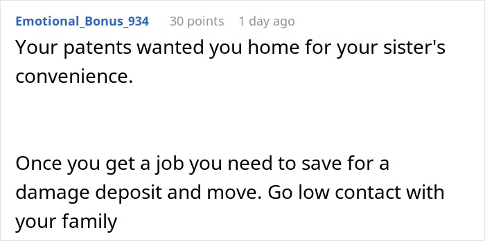 Screenshot of a forum comment advising to save money and limit contact after asking to be paid for babysitting niece and nephew.