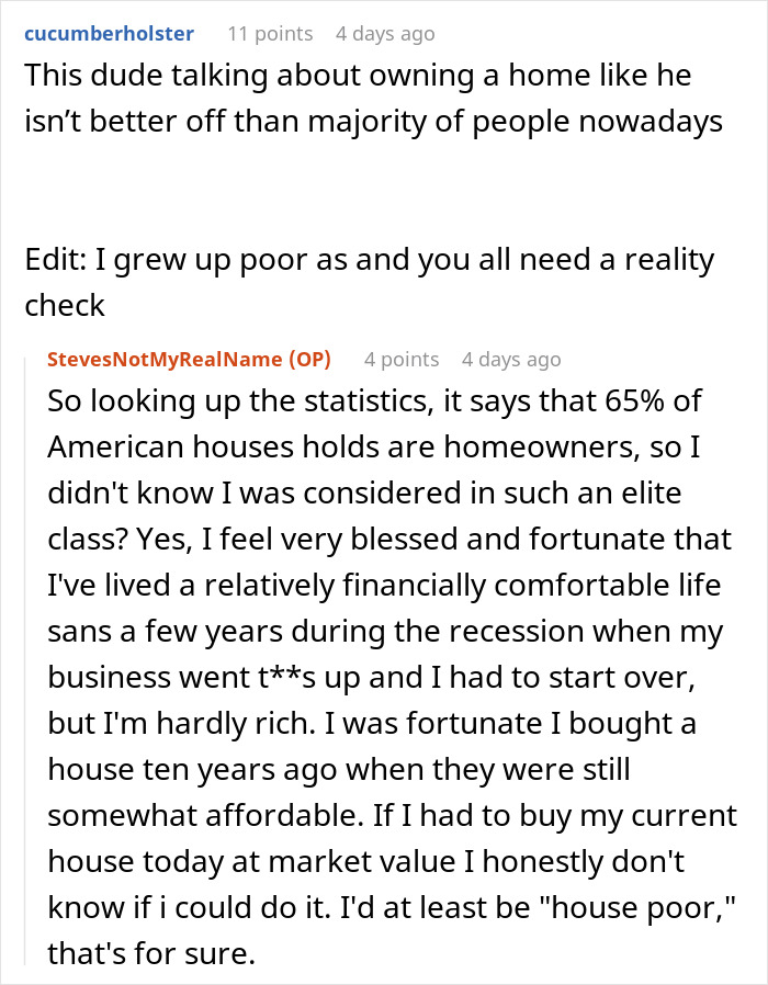 Screenshot of Reddit comments discussing financial struggles and homeownership challenges in America.