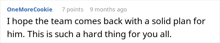 Comment text expressing hope for a strong plan and acknowledging the difficulty of a man's heartbreaking cancer diagnosis.