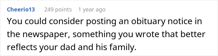 Screenshot of an online comment suggesting to post an obituary notice reflecting the dad and his family after horrible stepmom incident.