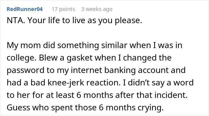 Comment discussing removing phone tracking from parents who misuse location access for privacy control and personal boundaries.