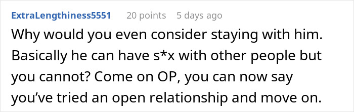 Screenshot of a comment discussing hypocrisy in an open relationship where the guy sleeps around but gets upset when his girlfriend does.