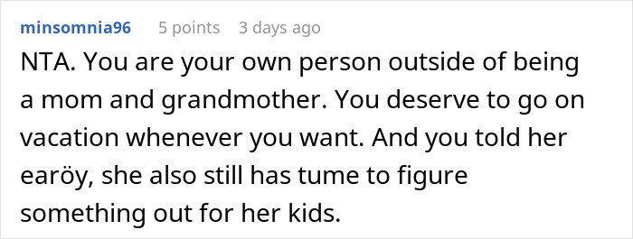 Screenshot of a Reddit comment discussing a mom booking a vacation and not babysitting her two kids.