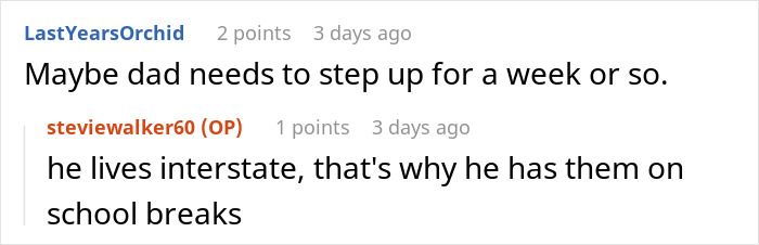 Conversation about a woman frustrated that her mom booked a vacation and won't babysit her two kids.